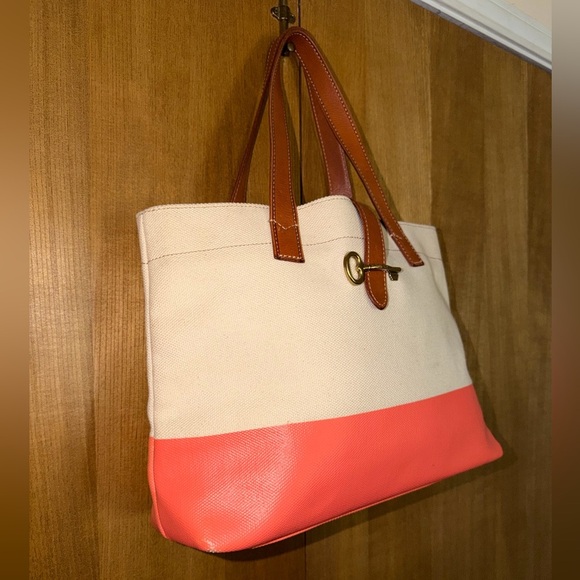 Fossil Austin Shopper Tote Bag in Coral Canvas with Leather Straps & Key Detail - Picture 17 of 17